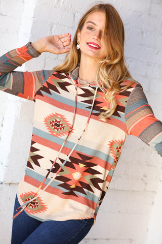 Cashmere Feel Aztec Hoodie with Elbow Pads