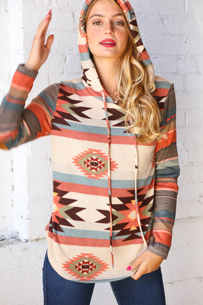 Cashmere Feel Aztec Hoodie with Elbow Pads