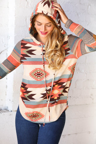 Cashmere Feel Aztec Hoodie with Elbow Pads