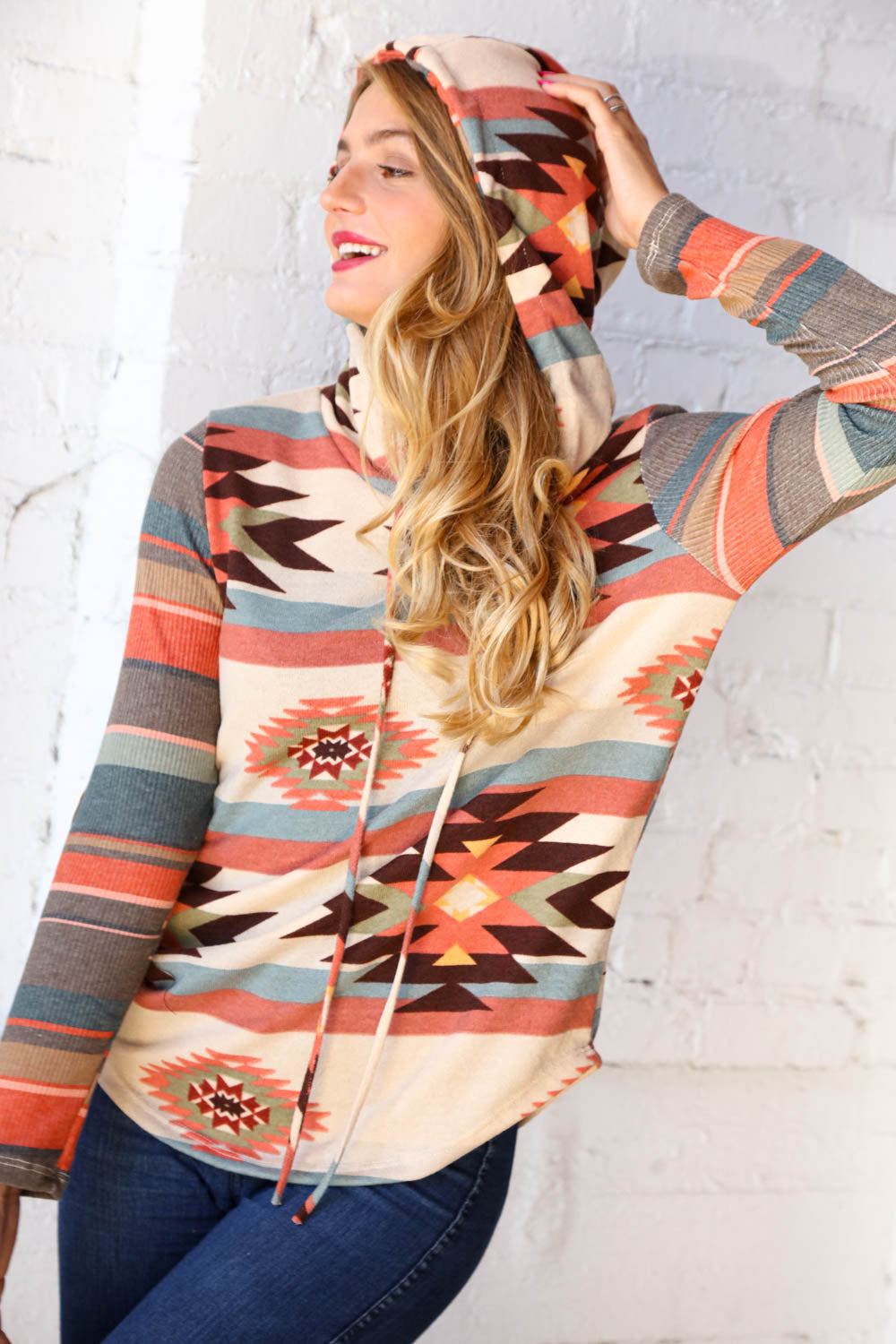 Cashmere Feel Aztec Hoodie with Elbow Pads