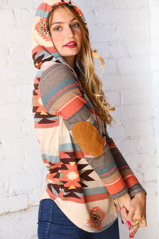 Cashmere Feel Aztec Hoodie with Elbow Pads