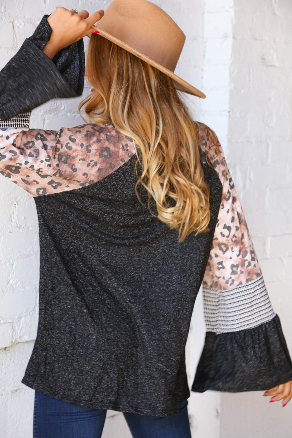 Grey Hacci Jacquard Block Leopard Print Bell Sleeve Top