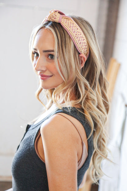 Pink Woven & Crochet Top Knot Headband