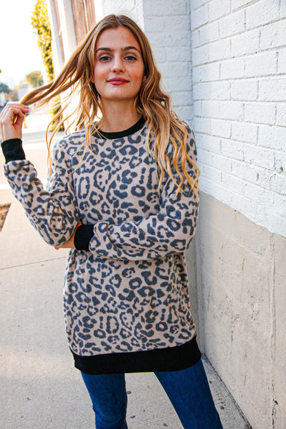 Leopard Print Black Rib Knit French Terry Pullover