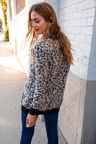 Leopard Print Black Rib Knit French Terry Pullover