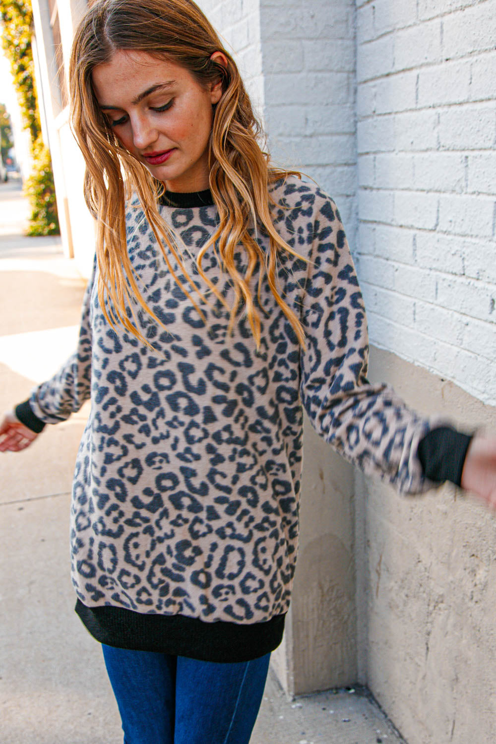 Leopard Print Black Rib Knit French Terry Pullover