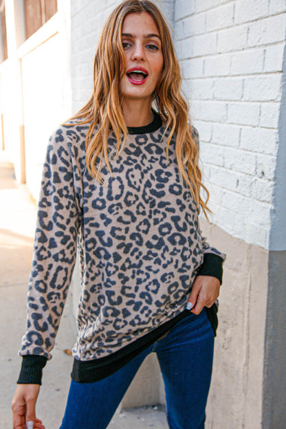 Leopard Print Black Rib Knit French Terry Pullover