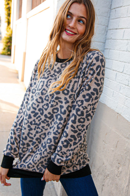 Leopard Print Black Rib Knit French Terry Pullover