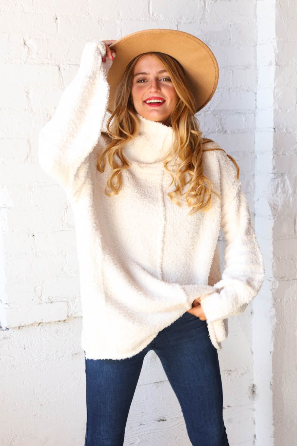 Velvet Yarn Fuzzy Sweater Turtleneck Top