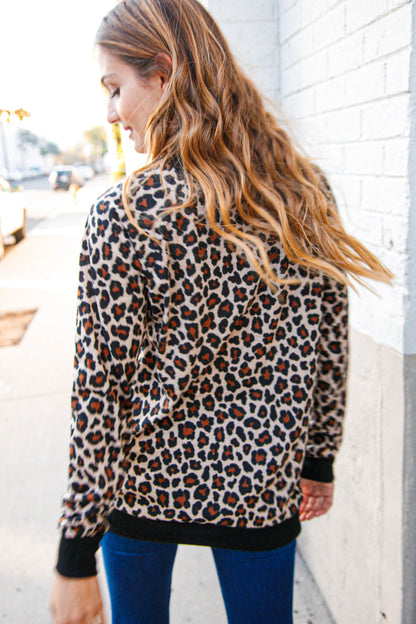 Leopard Print Black Rib Knit French Terry Pullover