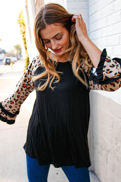 Animal Print Double Ruffle Sleeve Knit Pullover