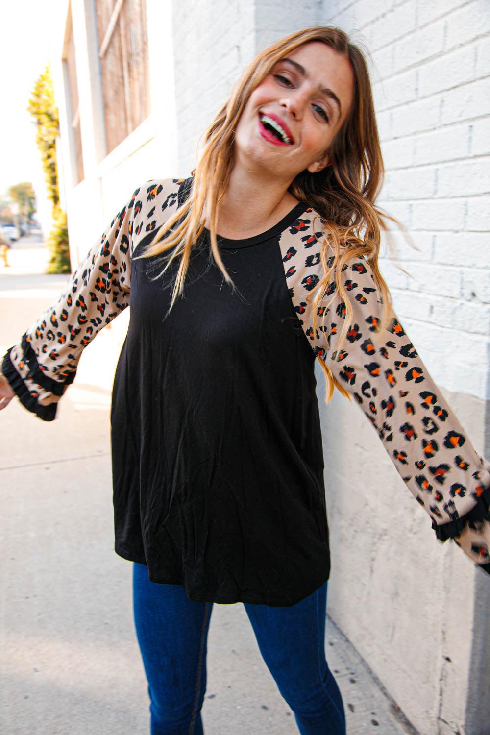 Animal Print Double Ruffle Sleeve Knit Pullover