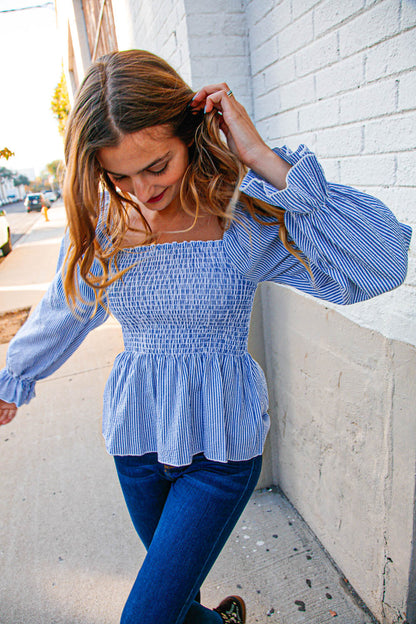 Denim Babydoll Cotton Smocked Woven Blouse