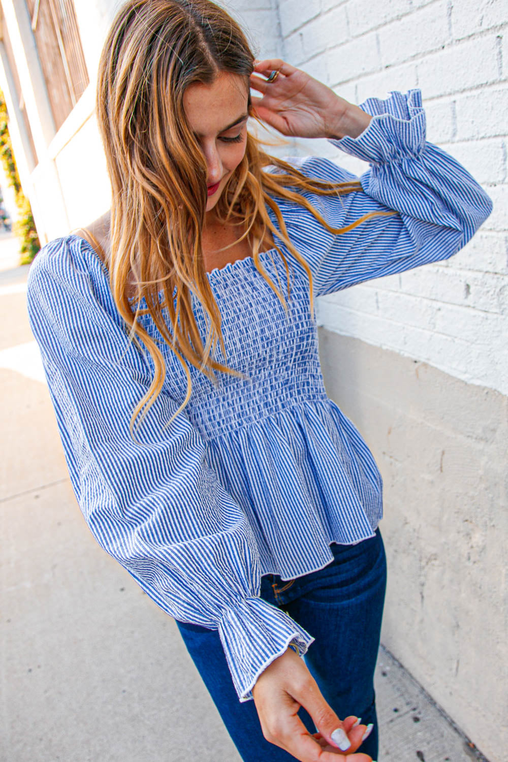 Denim Babydoll Cotton Smocked Woven Blouse