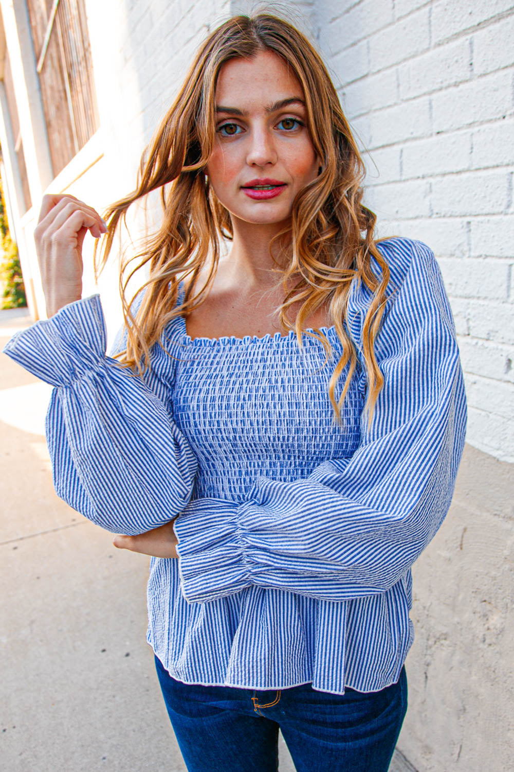 Denim Babydoll Cotton Smocked Woven Blouse