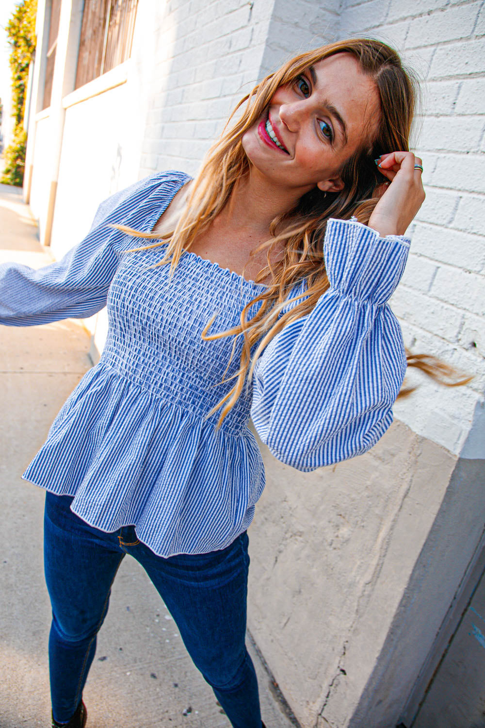 Denim Babydoll Cotton Smocked Woven Blouse