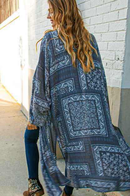 Charcoal Grey Cotton Blend Boho Patchwork Open Kimono