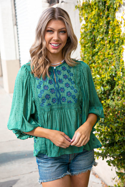 Green Boho Crochet Lace Eyelet Swiss Dot Top