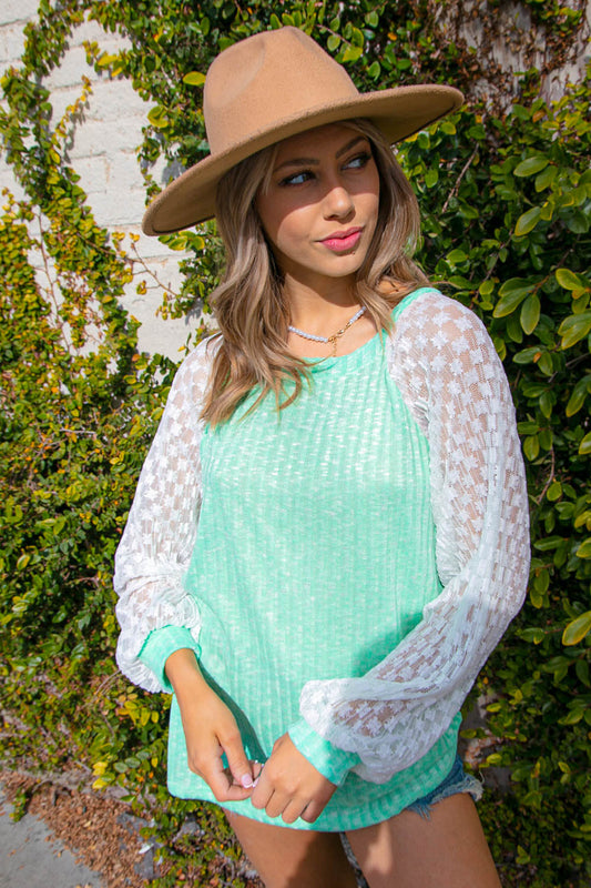 Mint Hacci Rib Accordion Pleated Lace Raglan Top