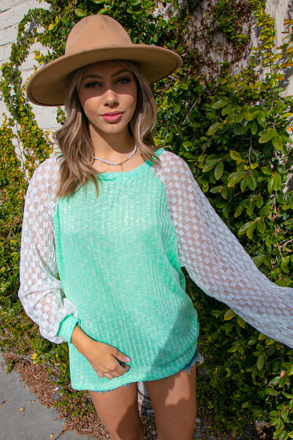 Mint Hacci Rib Accordion Pleated Lace Raglan Top