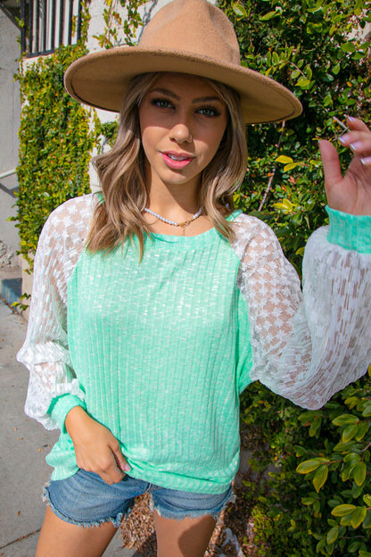 Mint Hacci Rib Accordion Pleated Lace Raglan Top