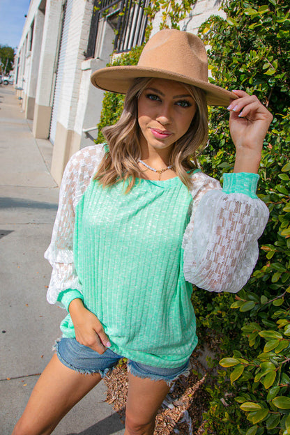 Mint Hacci Rib Accordion Pleated Lace Raglan Top