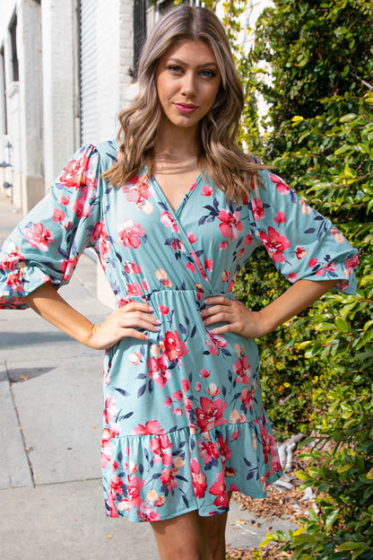 Sage Surplice Floral Print Pocketed Dress