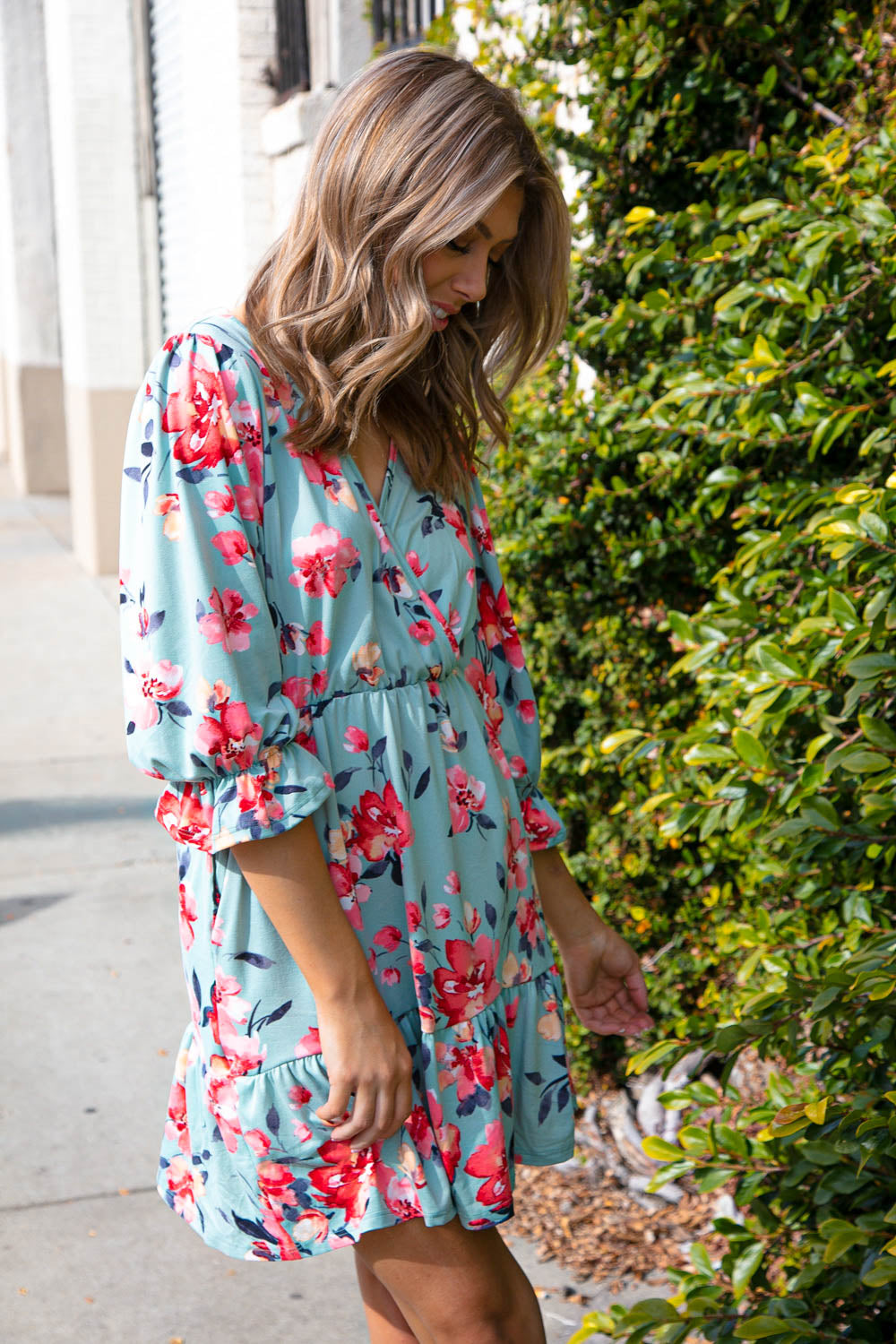 Sage Surplice Floral Print Pocketed Dress