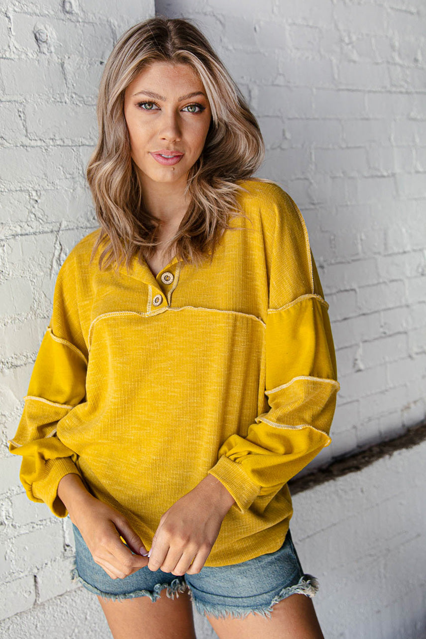 Sunflower Button Placket Out Seam Stitch Detail Top