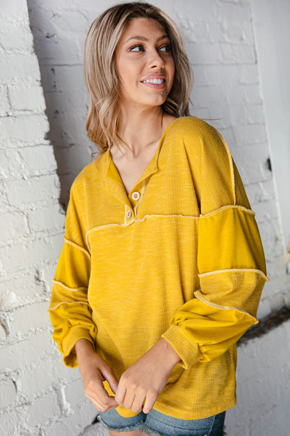 Sunflower Button Placket Out Seam Stitch Detail Top