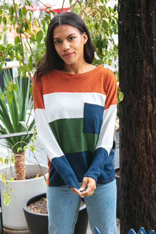 Cashmere Feel Oversized Color Block Pocket Top