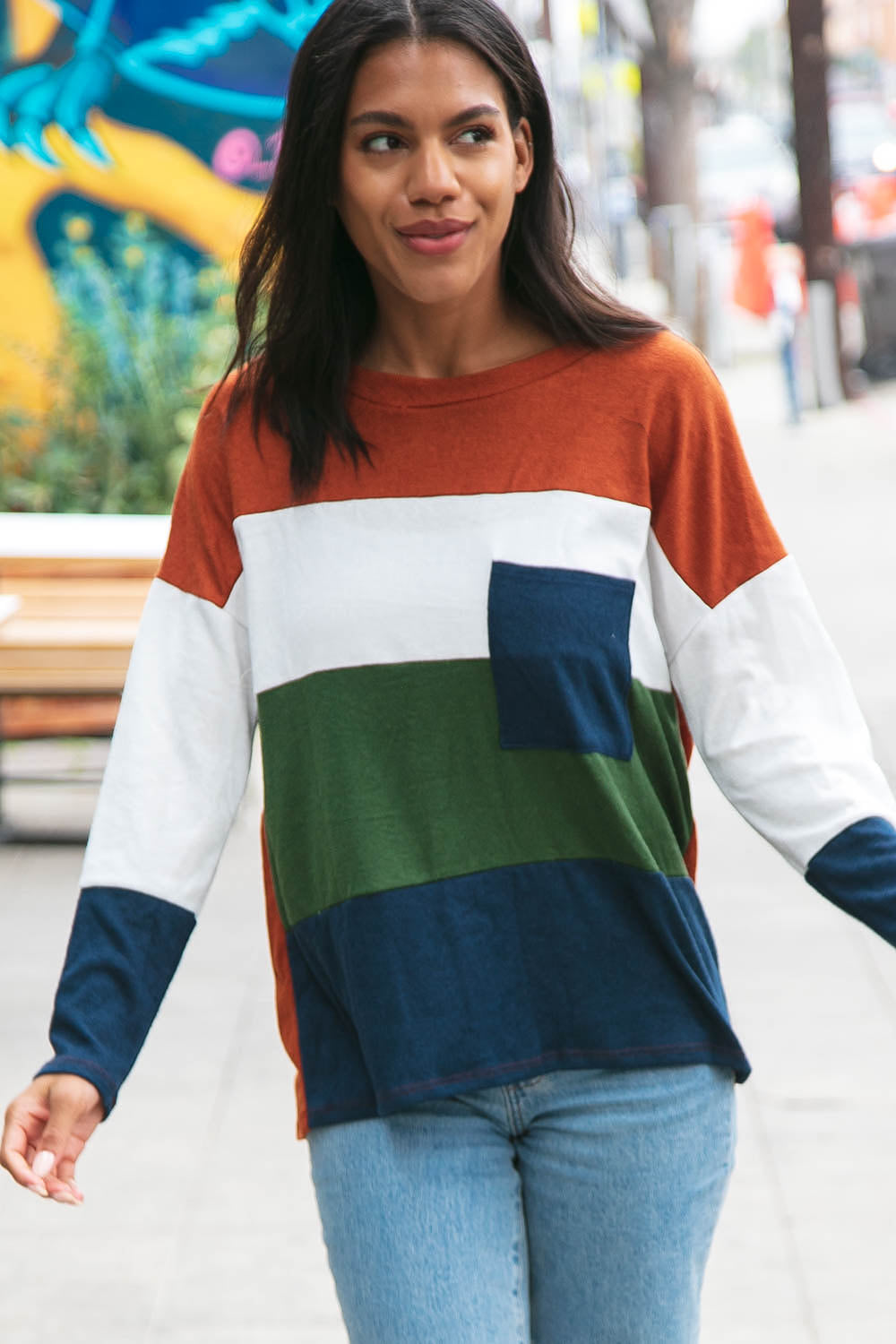 Cashmere Feel Oversized Color Block Pocket Top