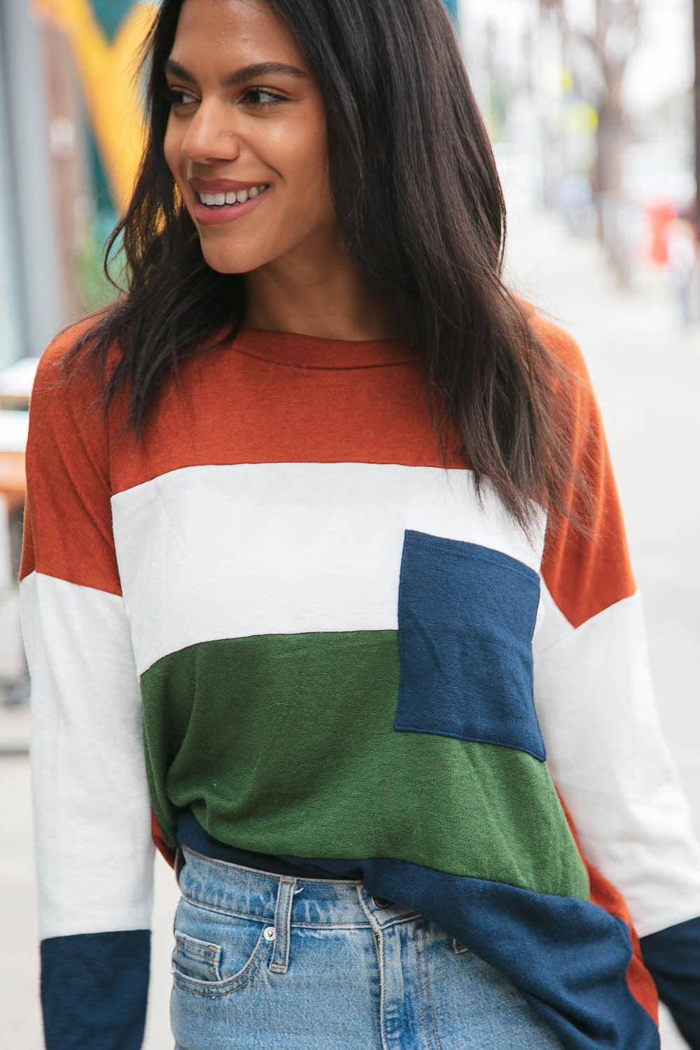 Cashmere Feel Oversized Color Block Pocket Top