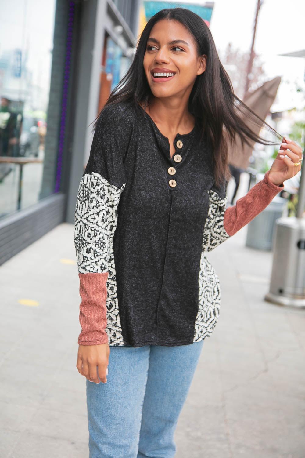 Aztec Jacquard Reverse Stitch Knit Button Down Top