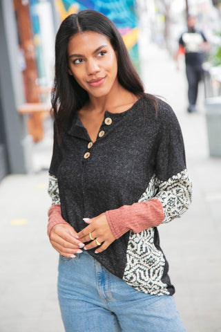 Aztec Jacquard Reverse Stitch Knit Button Down Top