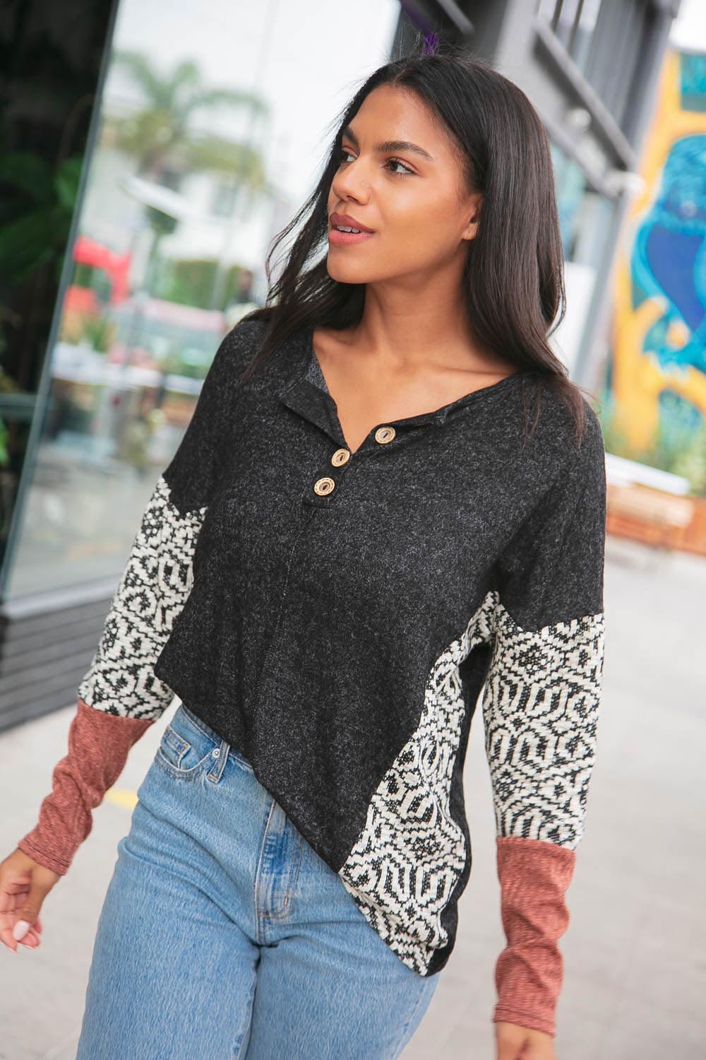 Aztec Jacquard Reverse Stitch Knit Button Down Top