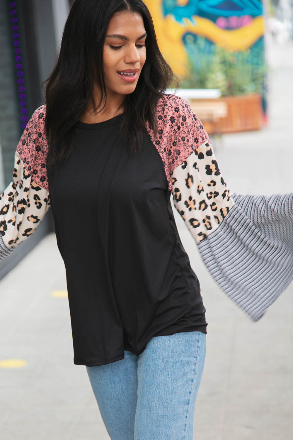 Floral Leopard Print Jacquard Block Bell Sleeve Top