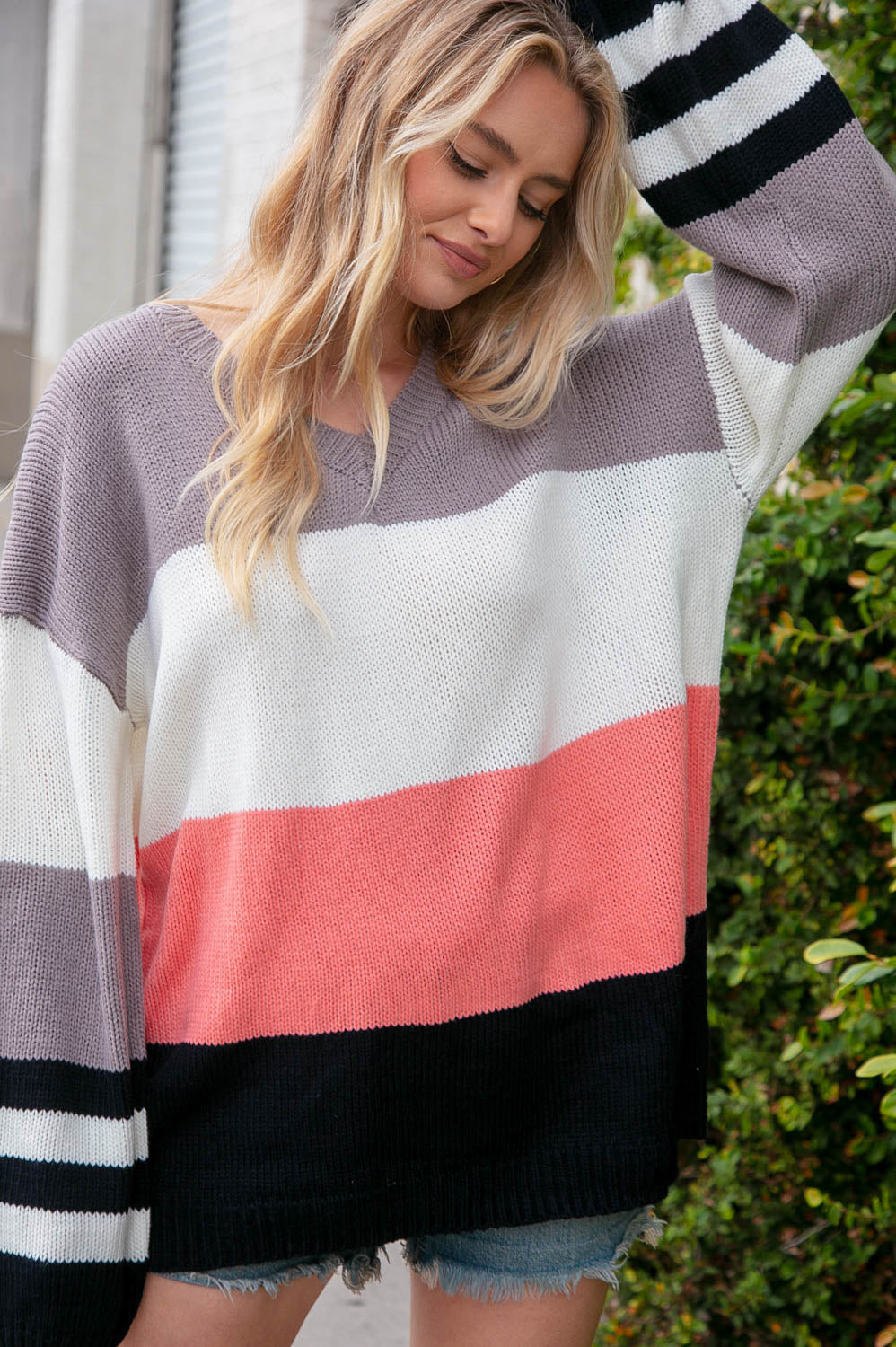 Slate V Neck Color Block Slouchy Knit Sweater