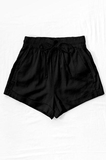 Black Mid Rise Smocked Drawstring Linen Shorts