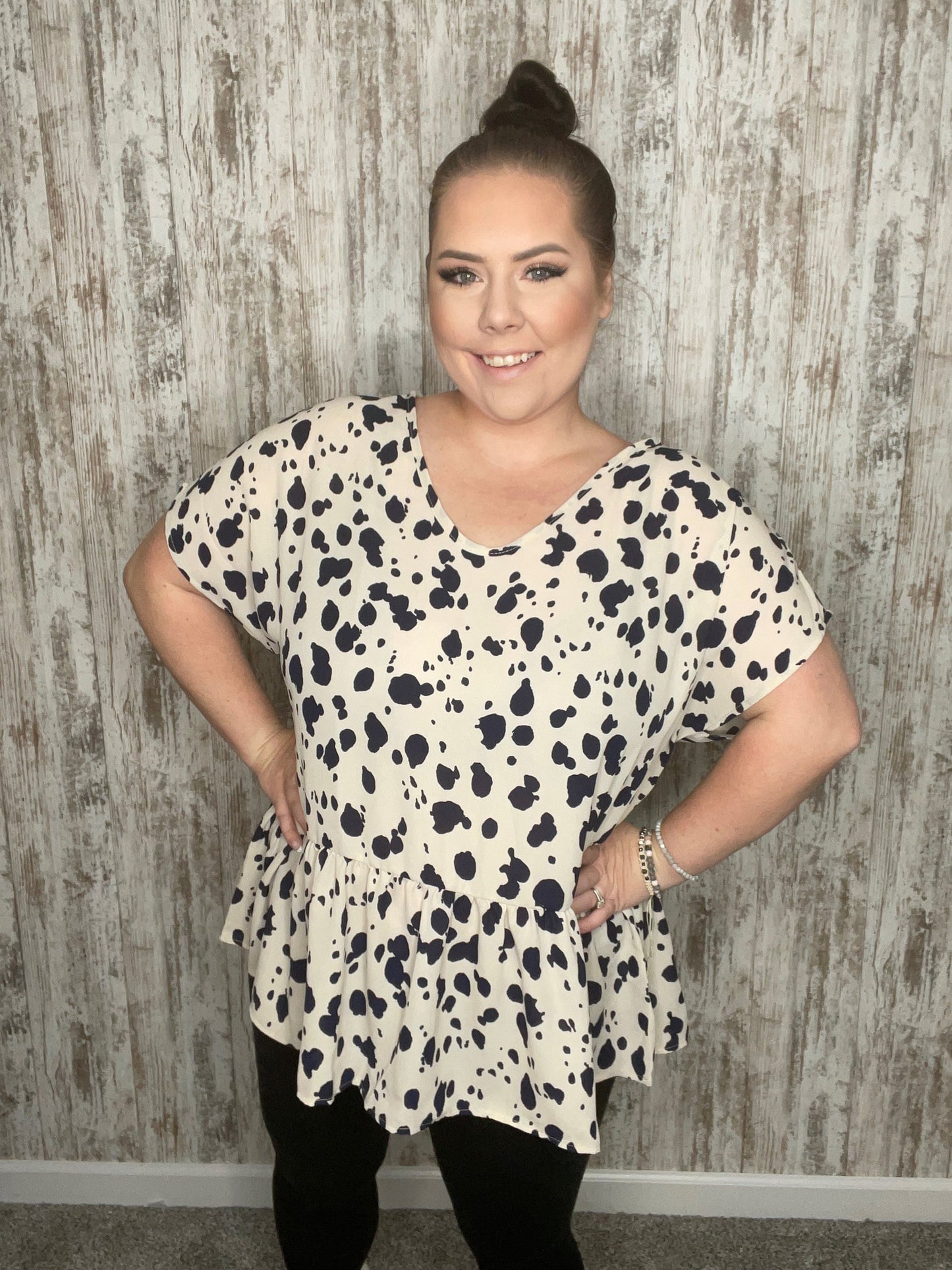 Taupe Spotted Leopard Babydoll Woven Blouse