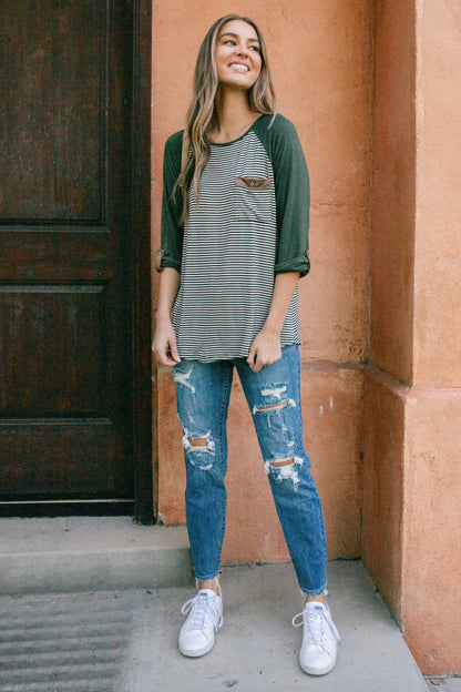 Olive Stripe Raglan Top