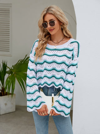 Round Neck Openwork Flare Sleeve Knit Top