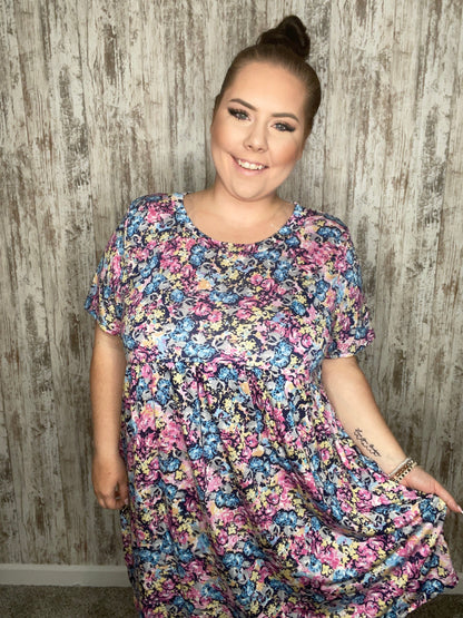 Fuchsia Navy Silky Fit & Flare Floral Print Pocketed Dress