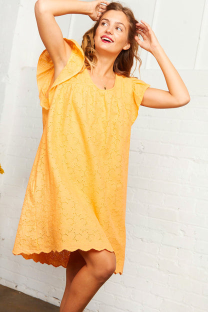 Tangerine Eyelet Embroidery Cotton V Neck Frill Short Sleeve Dress