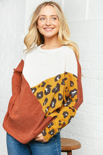 Two Tone Leopard Color Block Dolman Sweater Top