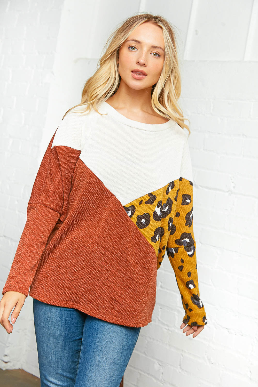 Two Tone Leopard Color Block Dolman Sweater Top