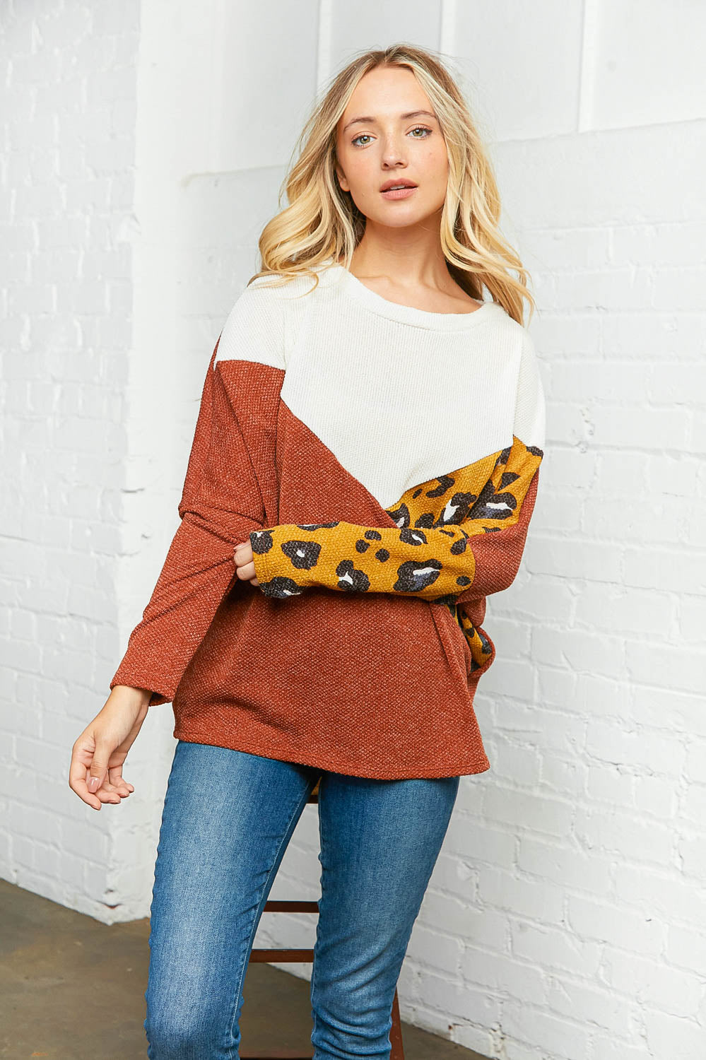 Two Tone Leopard Color Block Dolman Sweater Top