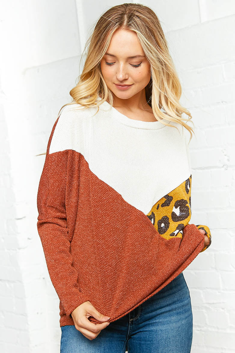 Two Tone Leopard Color Block Dolman Sweater Top