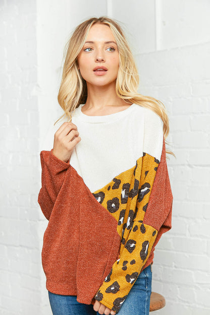 Two Tone Leopard Color Block Dolman Sweater Top