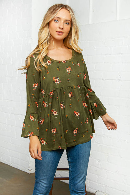 Olive Floral Bell Sleeve Babydoll Peplum Top